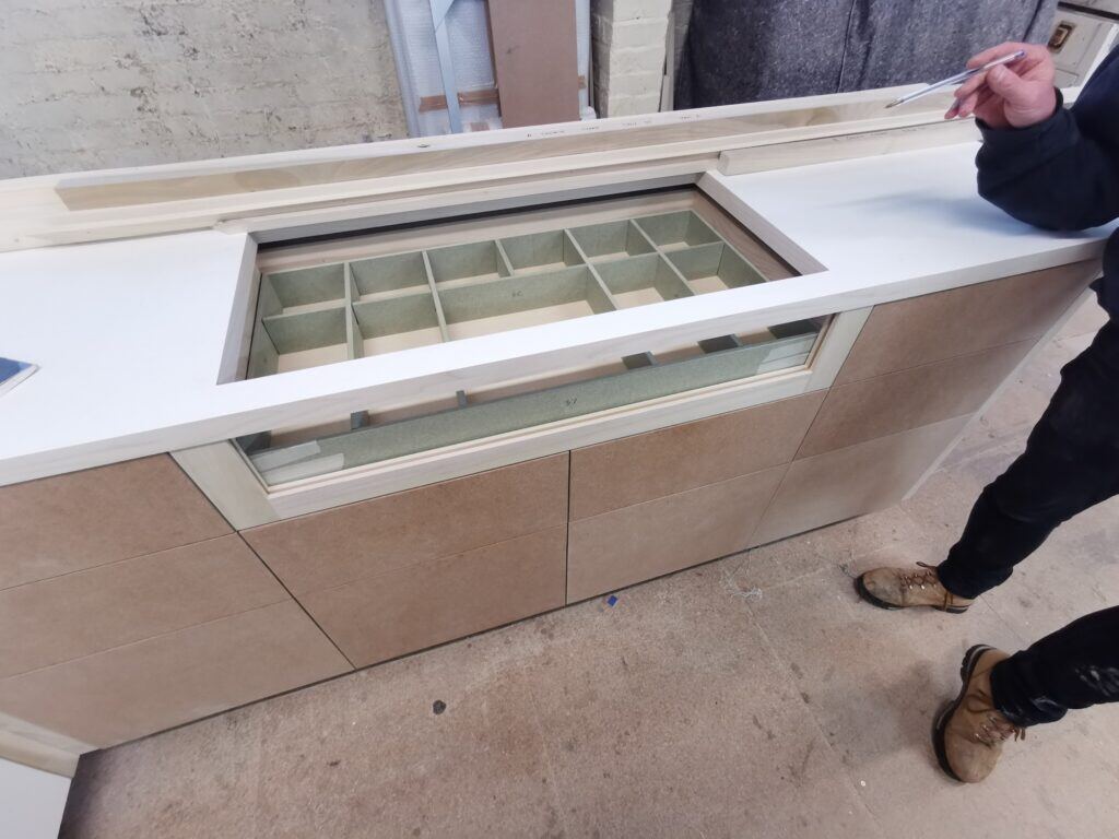 Glass top jewellery and watch cabinet in manufacture